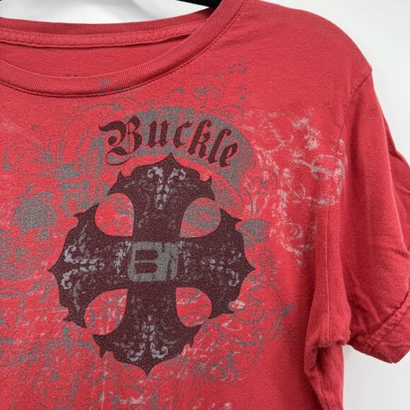 Buckle Shirt Womens Extra Large Red Graphic Cross Faded Made in USA Y2K Mallcore - Picture 3 of 9